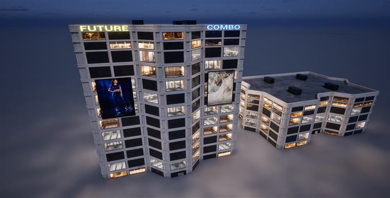 Two procedurally generated buildings on an empty plane