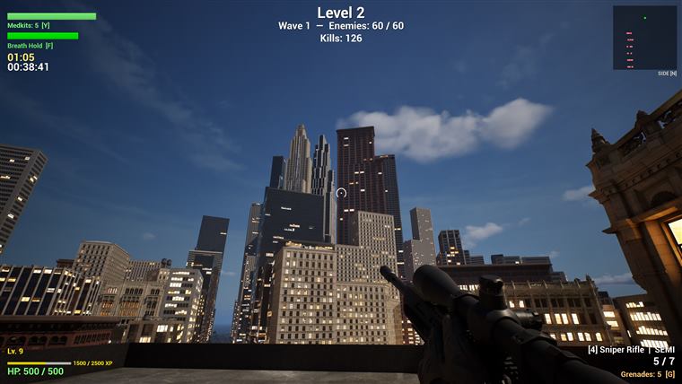 Sniper rifle aimed across a city block in daylight