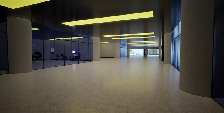 Office floor interior with ceiling light strips