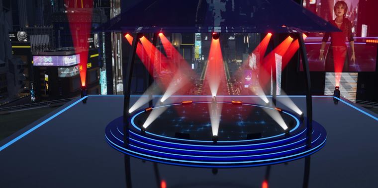 Stage lit with warm beams inside a neon city